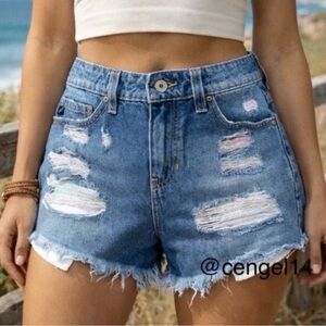 KanCan High Waisted Distressed Denim Festival Shorts Rainbow Stitch 24